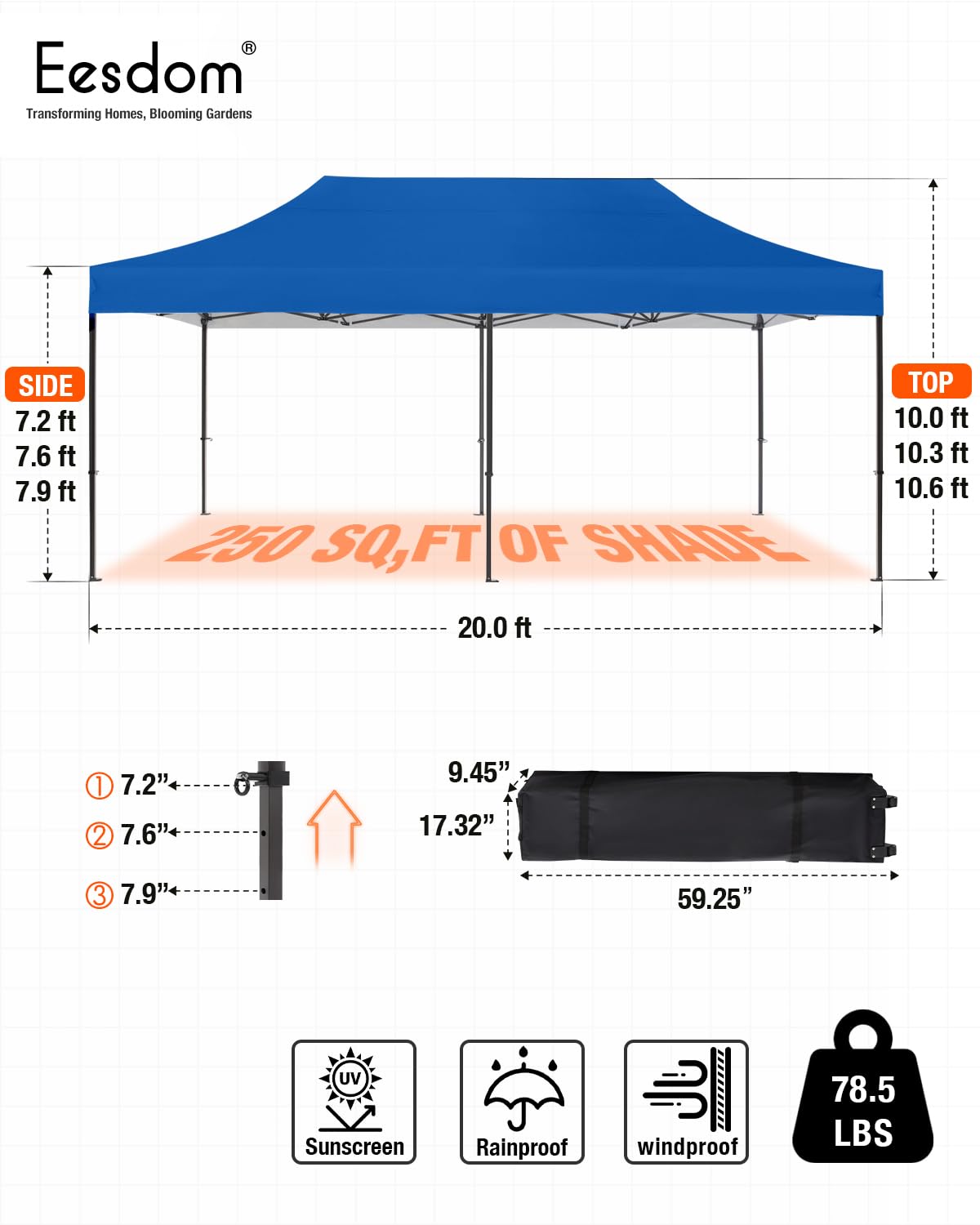 Eesdom 10x20 Canopy Tent with Roller Bag, Commercial Pop Up Canopy Tent, Adjustable Height with Pull Ring, Outdoor Canopy for Beach, Parties, UPF50+, 6 Stakes & 6 Sandbags & 6 Ropes, Blue