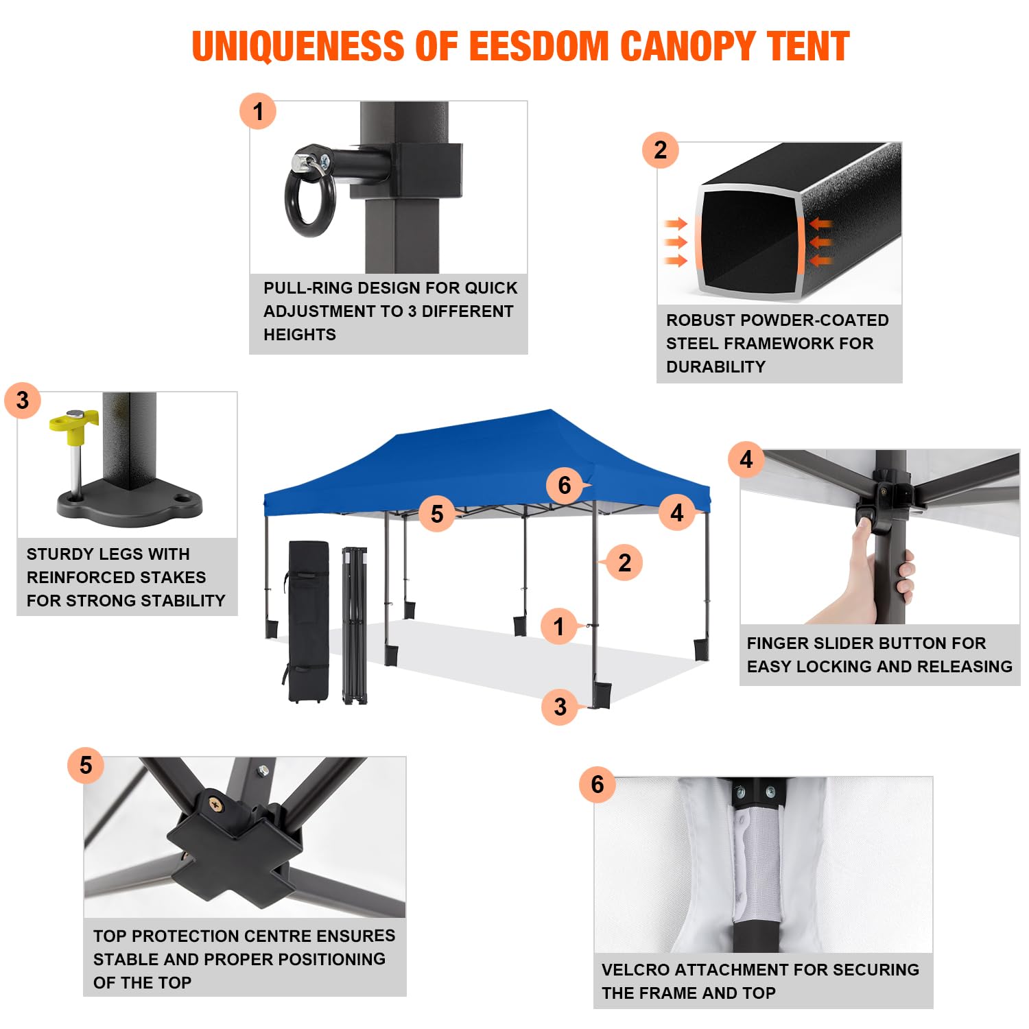 Eesdom 10x20 Canopy Tent with Roller Bag, Commercial Pop Up Canopy Tent, Adjustable Height with Pull Ring, Outdoor Canopy for Beach, Parties, UPF50+, 6 Stakes & 6 Sandbags & 6 Ropes, Blue