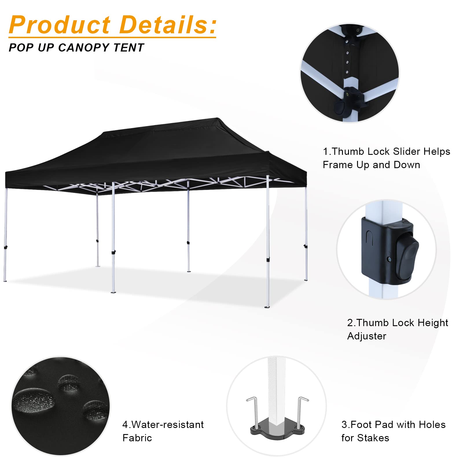 HLong 10x20FT Pop Up Canopy Tent Outdoor Heavy Duty Commercial Instant Sun Shelter, Black