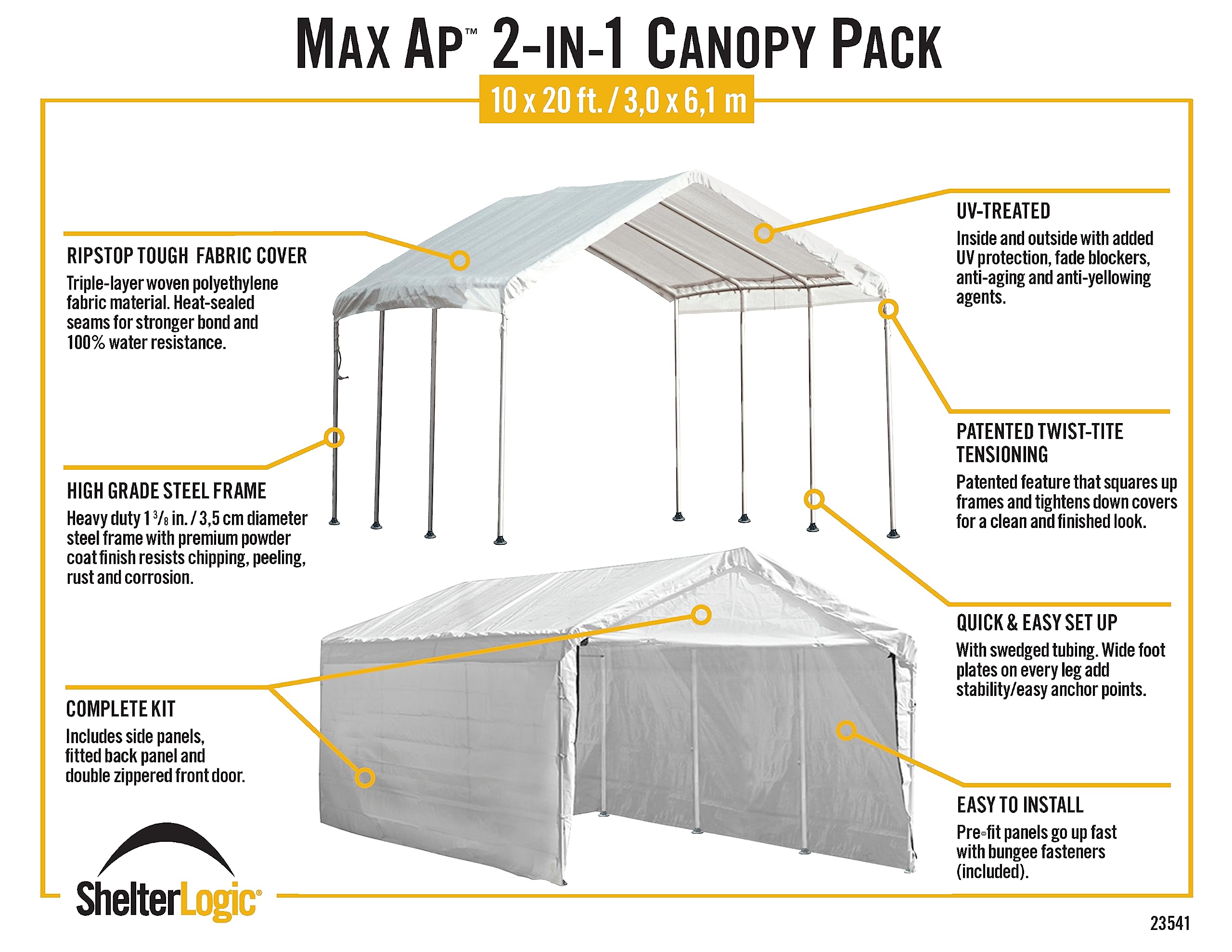 ShelterLogic 10' x 20' MaxAP Large Portable Garage 2in1 Kit Heavy-Duty Steel Frame Outdoor Canopy, Gazebo, or Carport Tent with Enclosure for Car, SUV, Truck, Boat, Tractor, White