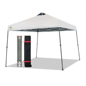 crown shades 9x9 pop up canopy tent, outdoor canopy with wheeled bag, slant leg one push pop up tent, wheeled bag, 8 stakes, 4 ropes(white)