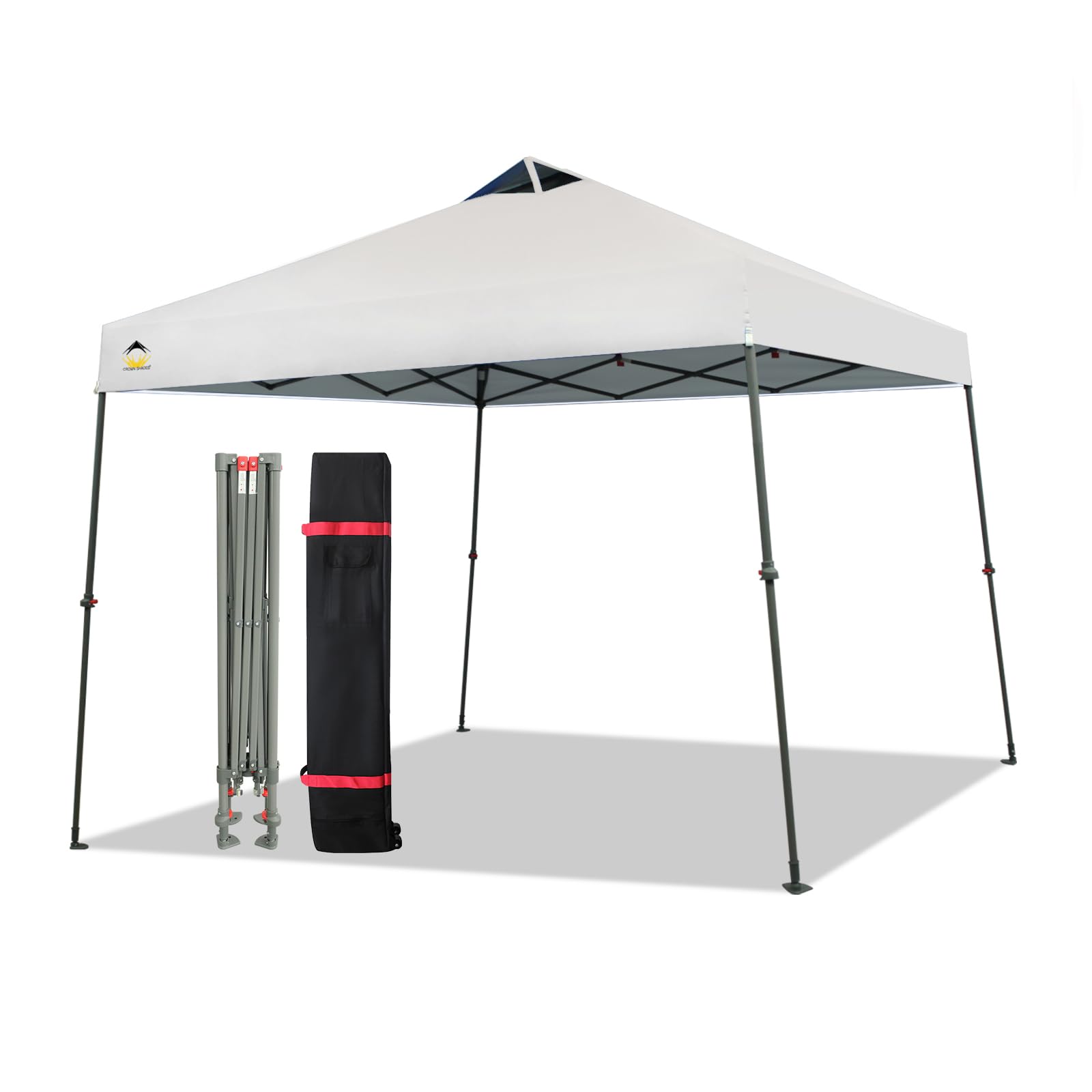 CROWN SHADES 9x9 Pop Up Canopy Tent, Outdoor Canopy with Wheeled Bag, Slant Leg One Push Pop up Tent, Wheeled Bag, 8 Stakes, 4 Ropes(White)