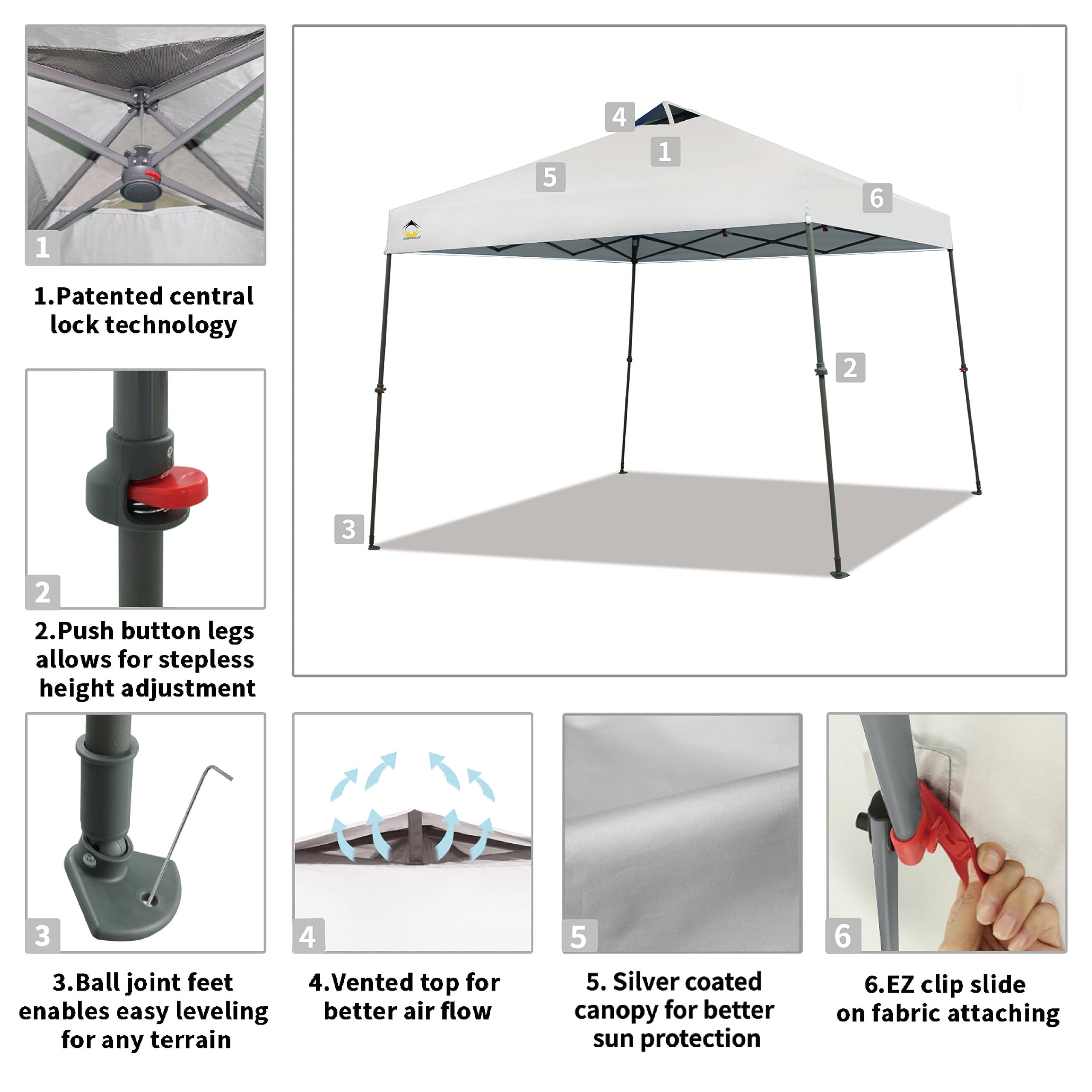 CROWN SHADES 9x9 Pop Up Canopy Tent, Outdoor Canopy with Wheeled Bag, Slant Leg One Push Pop up Tent, Wheeled Bag, 8 Stakes, 4 Ropes(White)