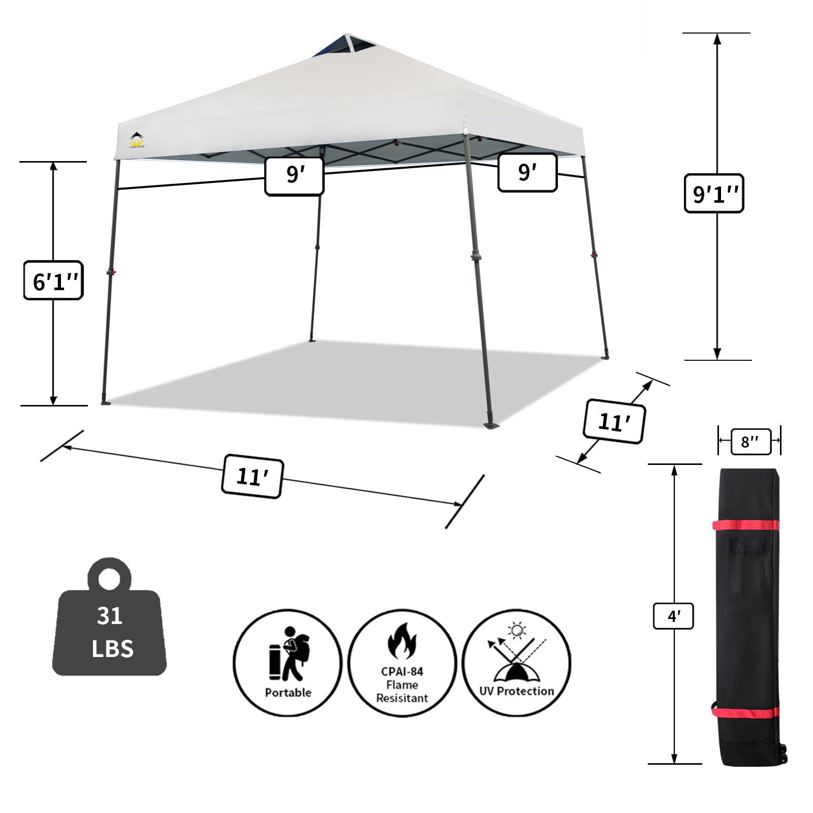 CROWN SHADES 9x9 Pop Up Canopy Tent, Outdoor Canopy with Wheeled Bag, Slant Leg One Push Pop up Tent, Wheeled Bag, 8 Stakes, 4 Ropes(White)