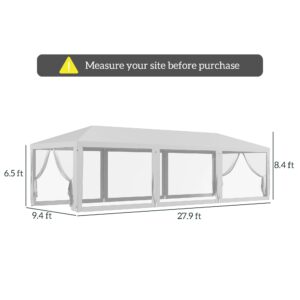 Outsunny 10' x 28' Party Tent Canopy, Outdoor Event Shelter Gazebo with 8 Removable Mesh Sidewalls, Zipper Doors, Steel Frame, White