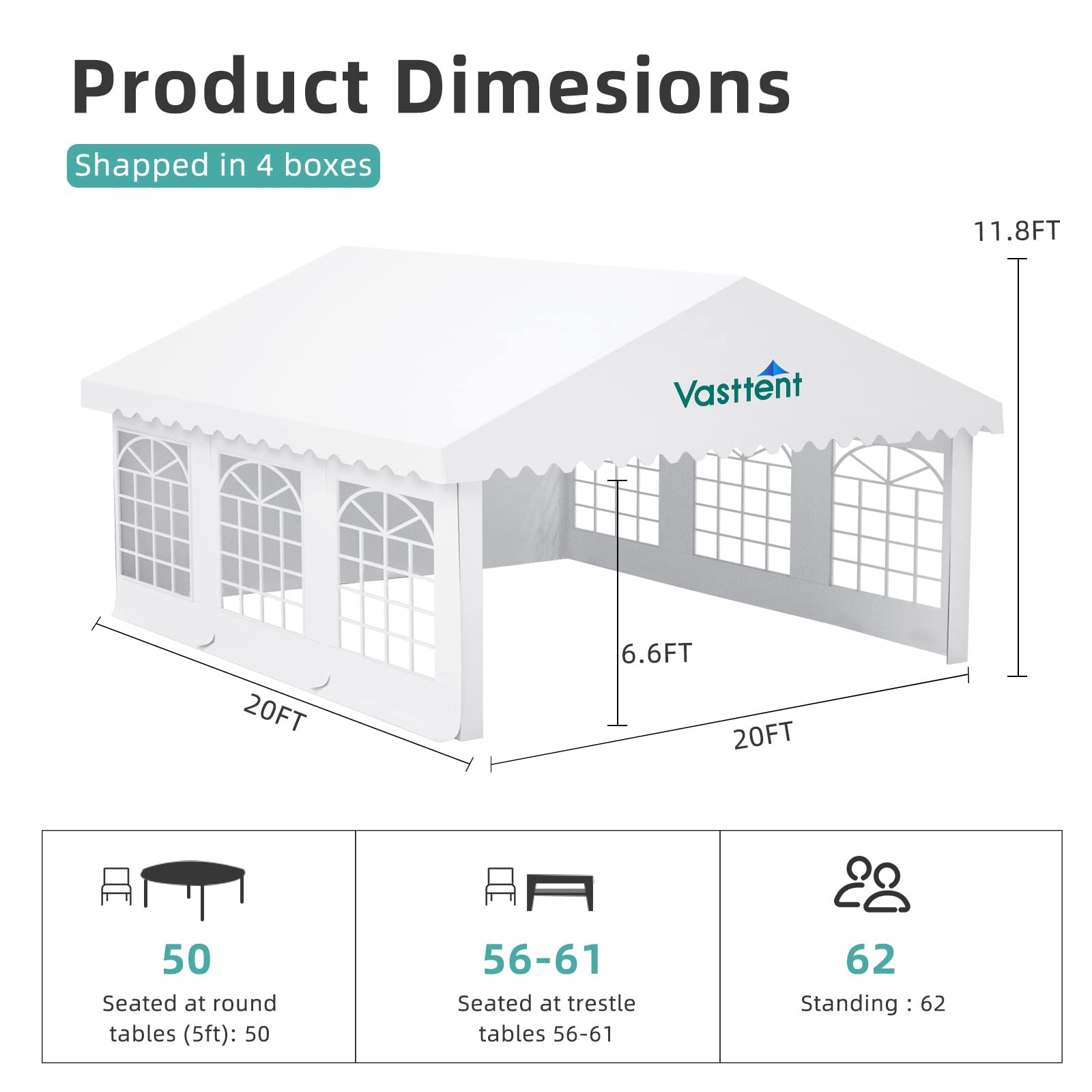 Vasttent 20x20ft Party Tent for Wedding Outdoor Large Event Camping, Upgraded Galvanized Poles&Rainproof PE Removable Sidewalls, Heavy Duty Canopy with 6 PVC Windows and Carry Bags - White