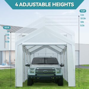 ADVANCE OUTDOOR Adjustable 10x20 ft Heavy Duty Carport Car Canopy Garage Shelter Boat Party Tent, Adjustable Heights from 9.5ft to 11.0ft, Removable Sidewalls and Doors, White