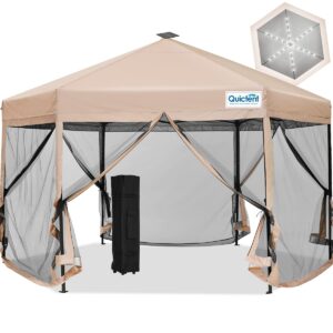 Quictent 13'x13’ Hexagonal Pop up Canopy Tent with Mosquito Netting, Instant Screened in Canopy Screen House Room Tent Easy Set up with LED Lights (Beige)