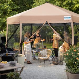 Quictent 13'x13’ Hexagonal Pop up Canopy Tent with Mosquito Netting, Instant Screened in Canopy Screen House Room Tent Easy Set up with LED Lights (Beige)