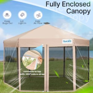 Quictent 13'x13’ Hexagonal Pop up Canopy Tent with Mosquito Netting, Instant Screened in Canopy Screen House Room Tent Easy Set up with LED Lights (Beige)