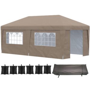 outsunny 10' x 19.5' pop up canopy tent with sidewalls, upf 30+ height adjustable large party tent event shelter with leg weight bags and wheeled carry bag for garden, patio, brown