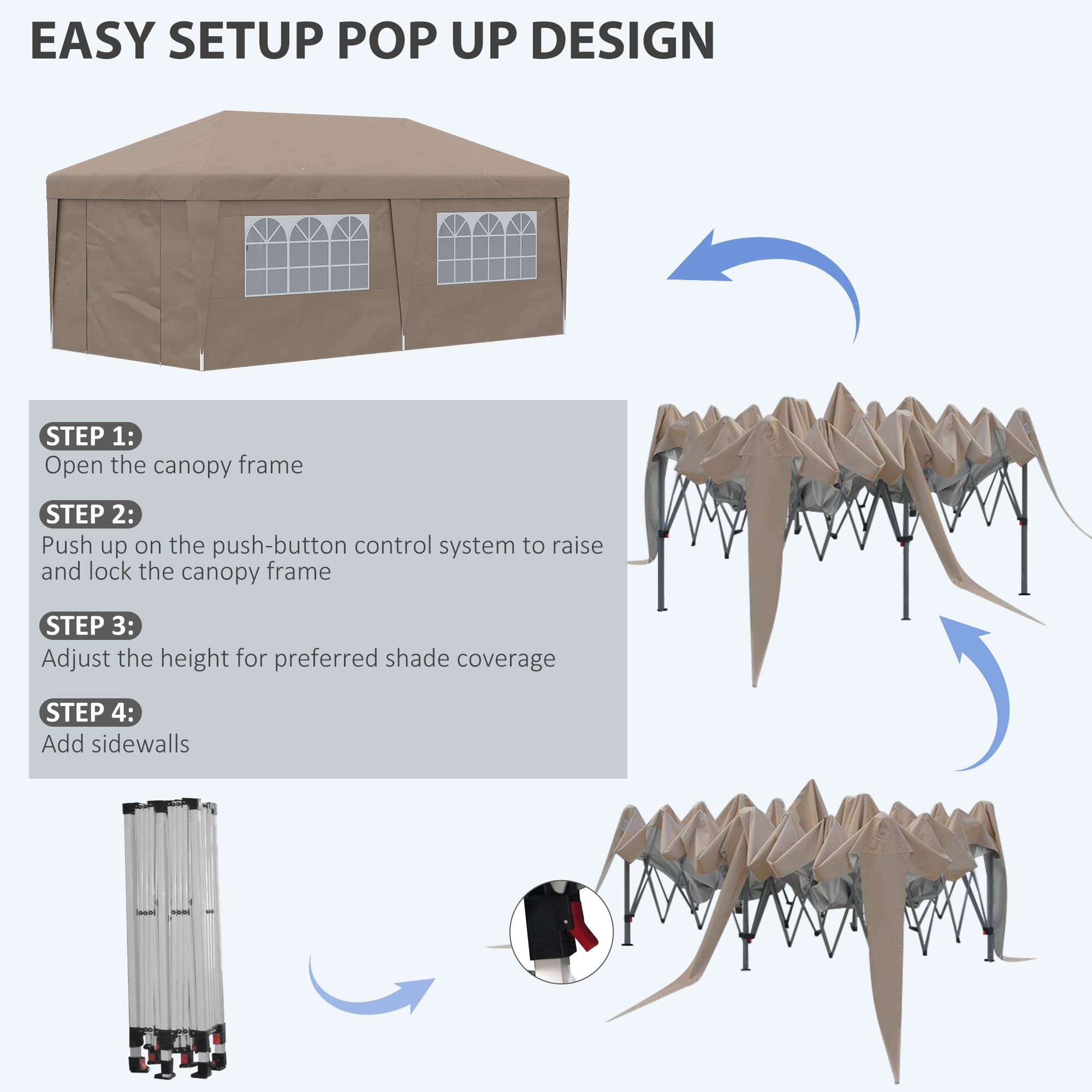 Outsunny 10' x 19.5' Pop Up Canopy Tent with Sidewalls, UPF 30+ Height Adjustable Large Party Tent Event Shelter with Leg Weight Bags and Wheeled Carry Bag for Garden, Patio, Brown