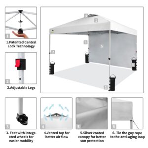 CROWN SHADES Canopy Tent 10x10 Pop Up Canopy Outdoor Shade with One Sidewall, Easy Up Sun Shelter with One Person Set Up Center Lock, Portable Instant Camping Beach Canopy Tents, White