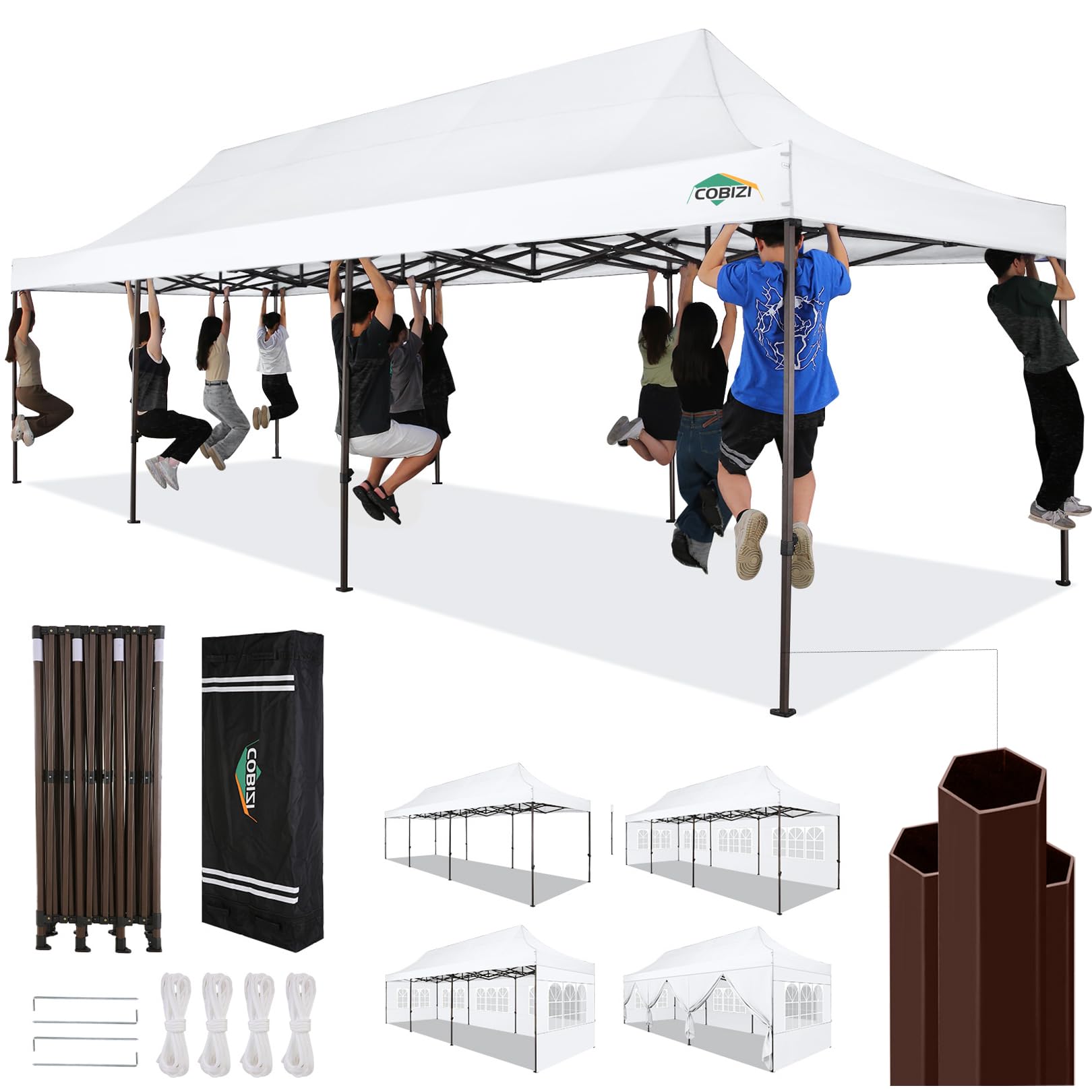 COBIZI Heavy Duty 10x30 Party Tent, Commercial 10x30 pop up canopy for Parties Waterproof Gazebos with 8 Sidewalls, All Season Wind & Waterproof UPF50+,Stable Thickened Frame