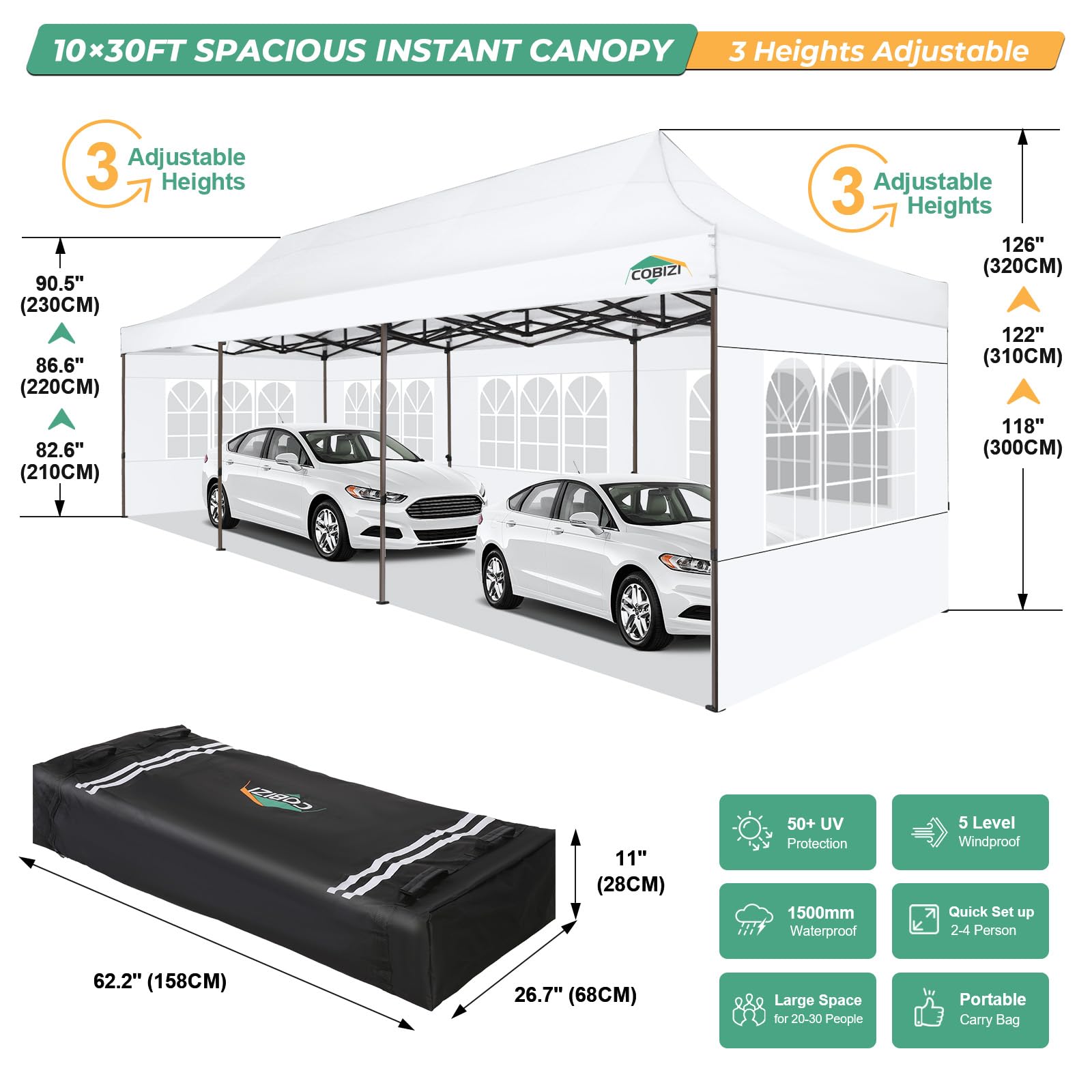 COBIZI Heavy Duty 10x30 Party Tent, Commercial 10x30 pop up canopy for Parties Waterproof Gazebos with 8 Sidewalls, All Season Wind & Waterproof UPF50+,Stable Thickened Frame