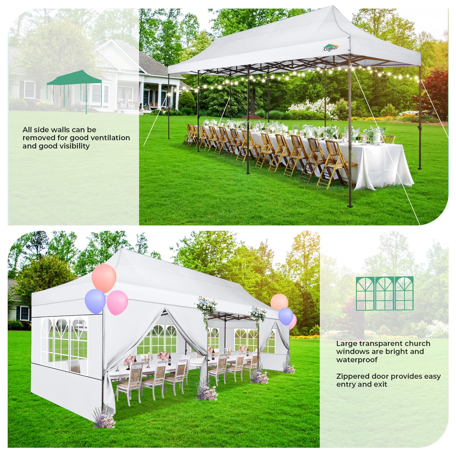 COBIZI Heavy Duty 10x30 Party Tent, Commercial 10x30 pop up canopy for Parties Waterproof Gazebos with 8 Sidewalls, All Season Wind & Waterproof UPF50+,Stable Thickened Frame