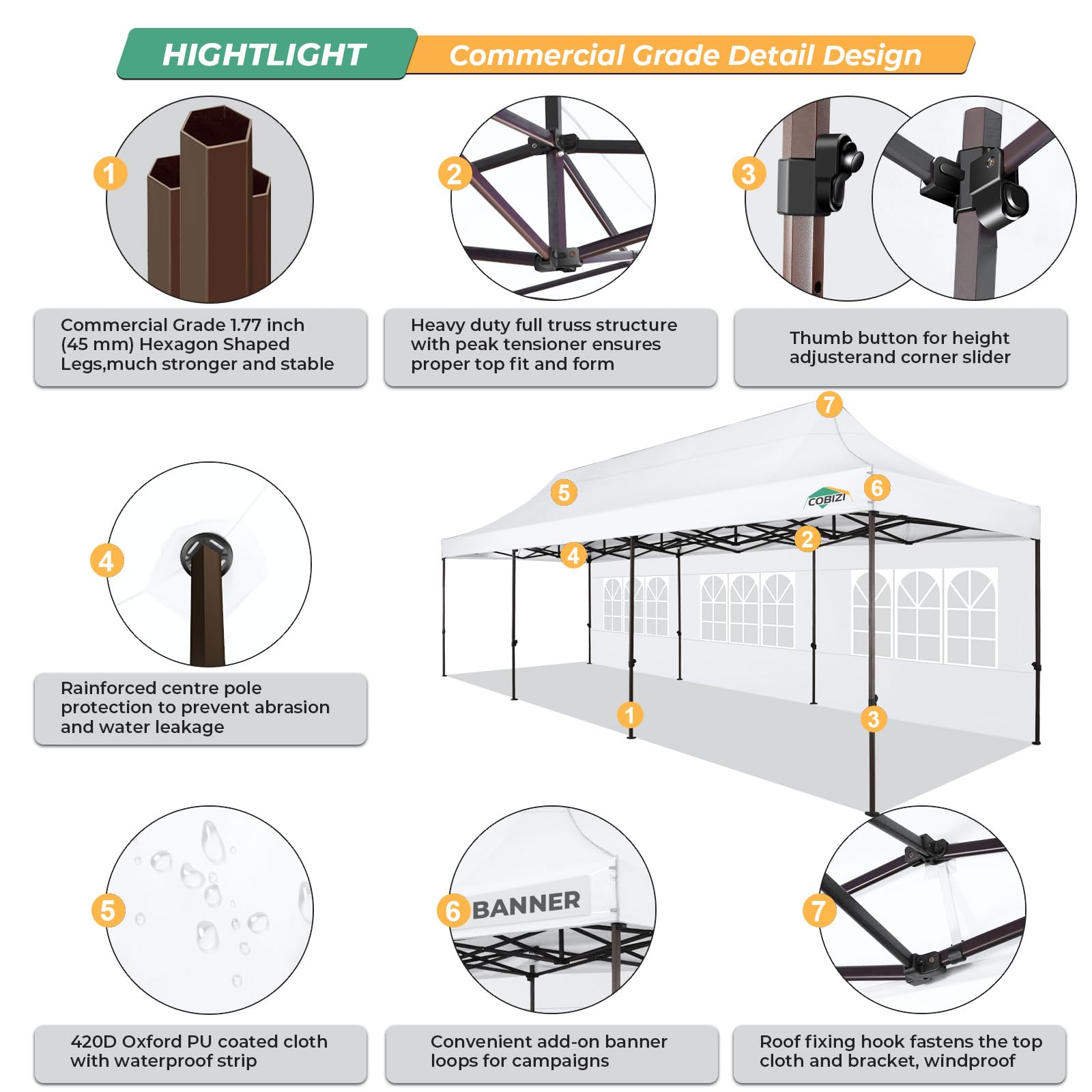 COBIZI Heavy Duty 10x30 Party Tent, Commercial 10x30 pop up canopy for Parties Waterproof Gazebos with 8 Sidewalls, All Season Wind & Waterproof UPF50+,Stable Thickened Frame