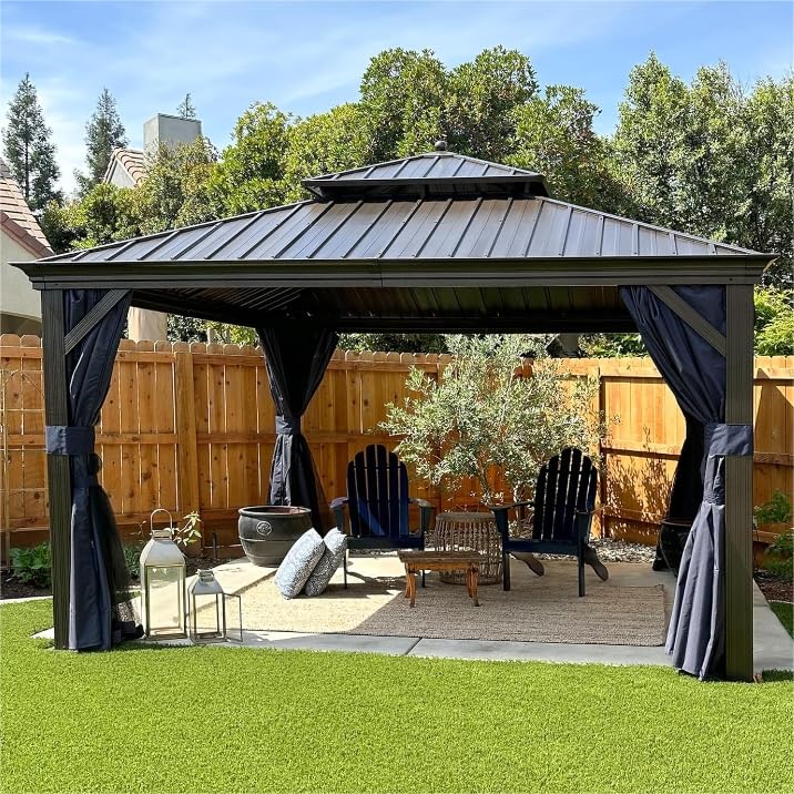 PURPLE LEAF 12' X 12' Hardtop Gazebo Canopy with Netting and Curtains for Outdoor Hot Tub Heavy Duty Backyard Sunshade Deck Metal Roof Patio Permanent Pavilion