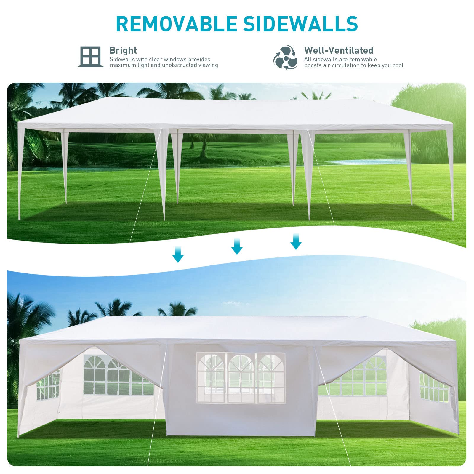 10x30 Outdoor Party Tent, Large Wedding Birthday Tents for Parties, White Canopy Tent with 8 Removable Sidewalls & Transparent Windows, Outside Gazebo Event Garden, Patio and Backyard