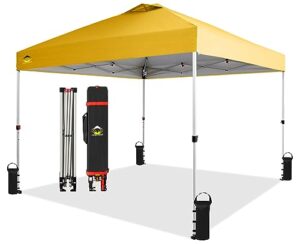 crown shades canopy tent 10x10 pop up canopy outdoor shade, easy up sun shelter with one person set up center lock, portable instant tailgate camping beach canopy tents for parties, yellow