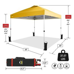 CROWN SHADES Canopy Tent 10x10 Pop Up Canopy Outdoor Shade, Easy Up Sun Shelter with One Person Set Up Center Lock, Portable Instant Tailgate Camping Beach Canopy Tents for Parties, Yellow