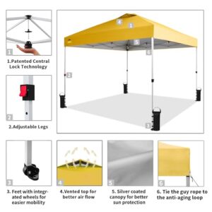 CROWN SHADES Canopy Tent 10x10 Pop Up Canopy Outdoor Shade, Easy Up Sun Shelter with One Person Set Up Center Lock, Portable Instant Tailgate Camping Beach Canopy Tents for Parties, Yellow