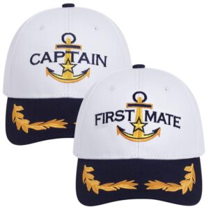 2 pcs captain hat and first mate hat set matching skipper boating baseball caps nautical marine sailor embroidered hat(white)