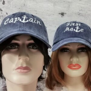 Captain & First Mate Anchor Hats for Couples, Navy Blue Embroidered Matching Boating Baseball Caps, Sailing Gift