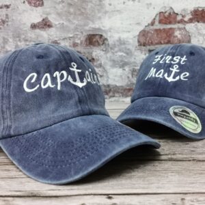 Captain & First Mate Anchor Hats for Couples, Navy Blue Embroidered Matching Boating Baseball Caps, Sailing Gift