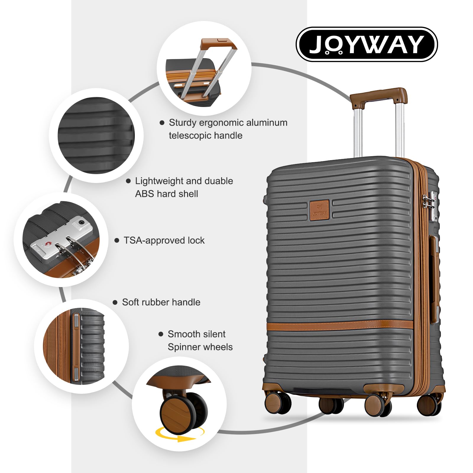 Joyway Carry On Luggage 20 Inch Expandable Suitcase with Spinner Wheel, 3 Piece Hard Shell Luggage Set with TSA Lock(Grey)