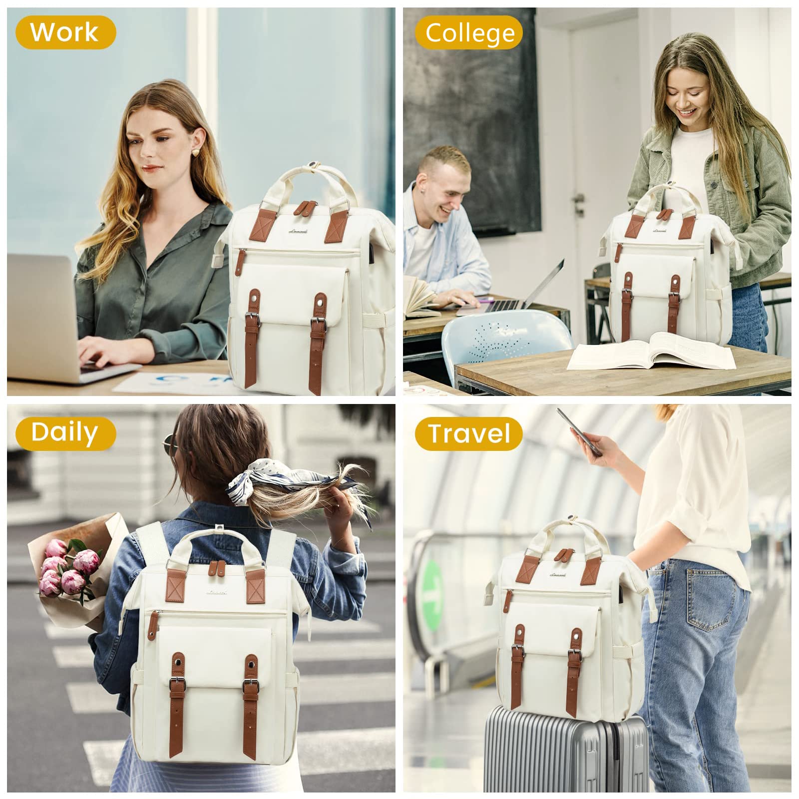 LOVEVOOK Laptop Backpack for Women Work Travel Commuter Backpack Business Computer Bag Teacher Doctor Nurse Bags College Backpack Purse, 15.6 Inch, Beige-Brown-Brown