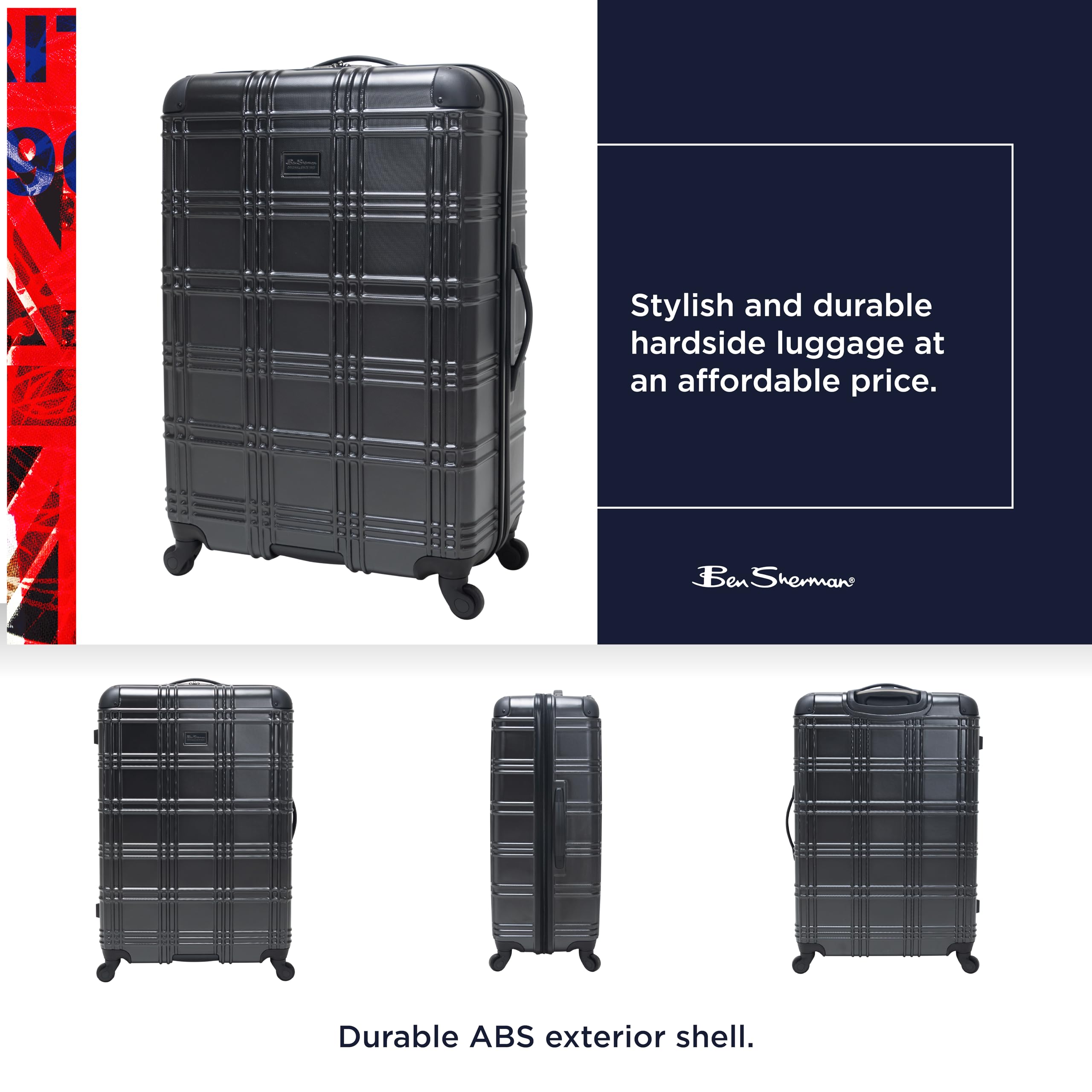 Ben Sherman Nottingham Lightweight Hardside 4-Wheel Spinner Travel Luggage, Charcoal, 3-Piece Set (20"/24"/28")