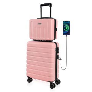 anyzip suitcase, 20" carry on luggage 14" mini cosmetic cases luggage sets hardside pc abs lightweight usb suitcase with wheels tsa (2 piece set 14/20, pink)