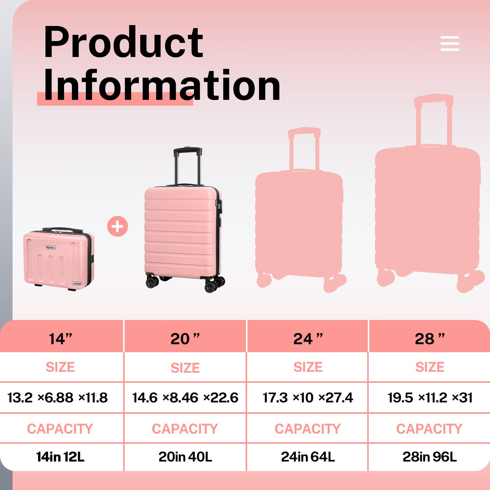 AnyZip Suitcase, 20" Carry On Luggage 14" Mini Cosmetic Cases Luggage Sets Hardside PC ABS Lightweight USB Suitcase with Wheels TSA (2 Piece Set 14/20, Pink)