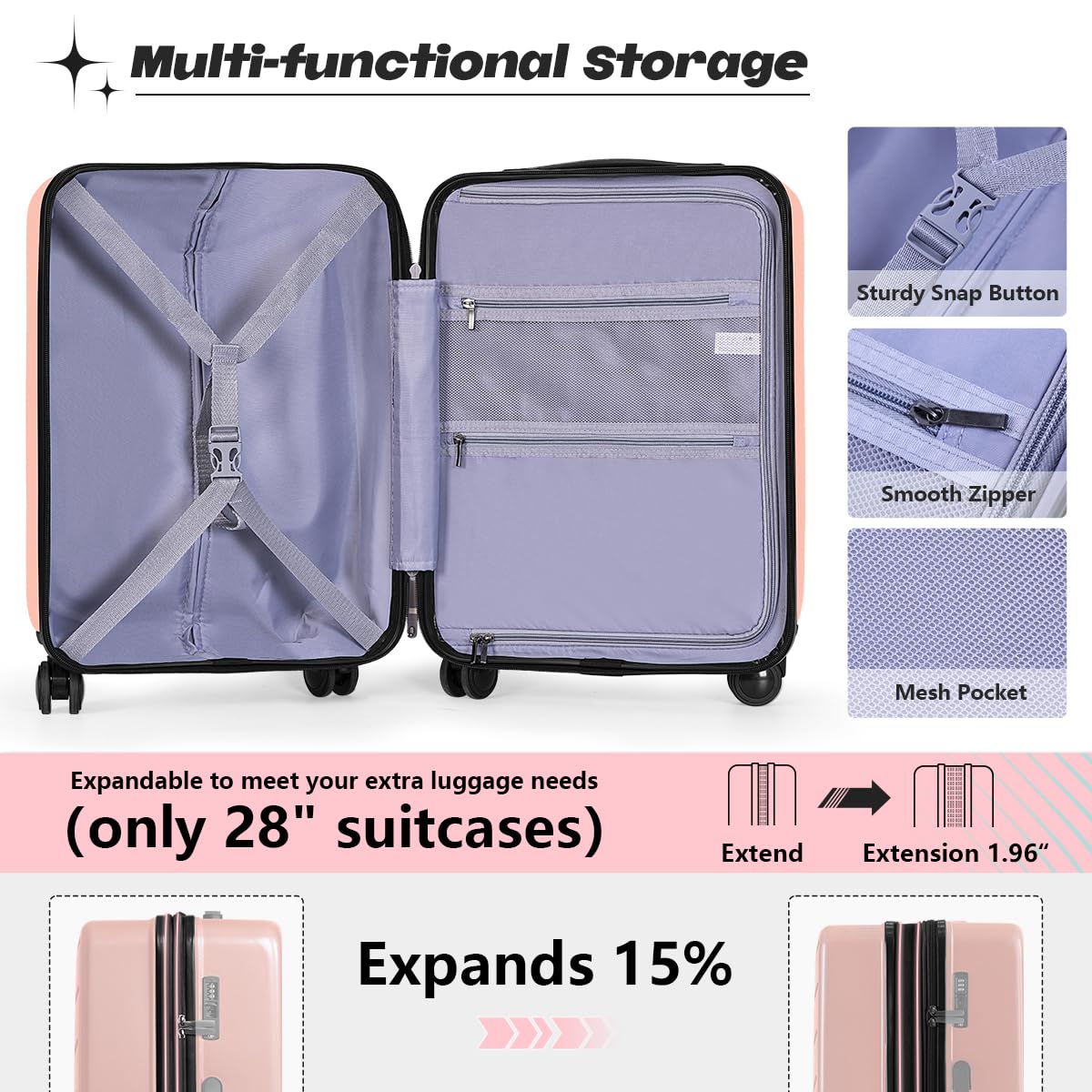 AnyZip Carry On Luggage 20'' Suitcase with Pocket Compartment ABS+PC Spinner Wheels TSA Lock Pink