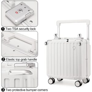 Somago Aluminum Frame 18" Carry On Luggage Wide Handle Suitcase Built-In Double TSA Lock Hardside Lightweight PC Travel Suitcase with Spinner Wheels, White