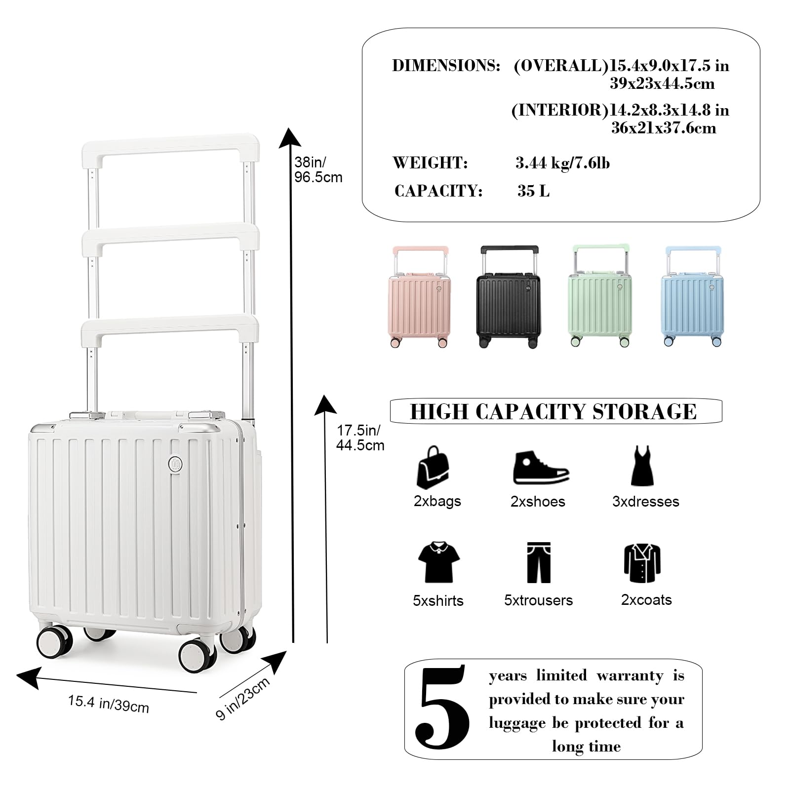 Somago Aluminum Frame 18" Carry On Luggage Wide Handle Suitcase Built-In Double TSA Lock Hardside Lightweight PC Travel Suitcase with Spinner Wheels, White