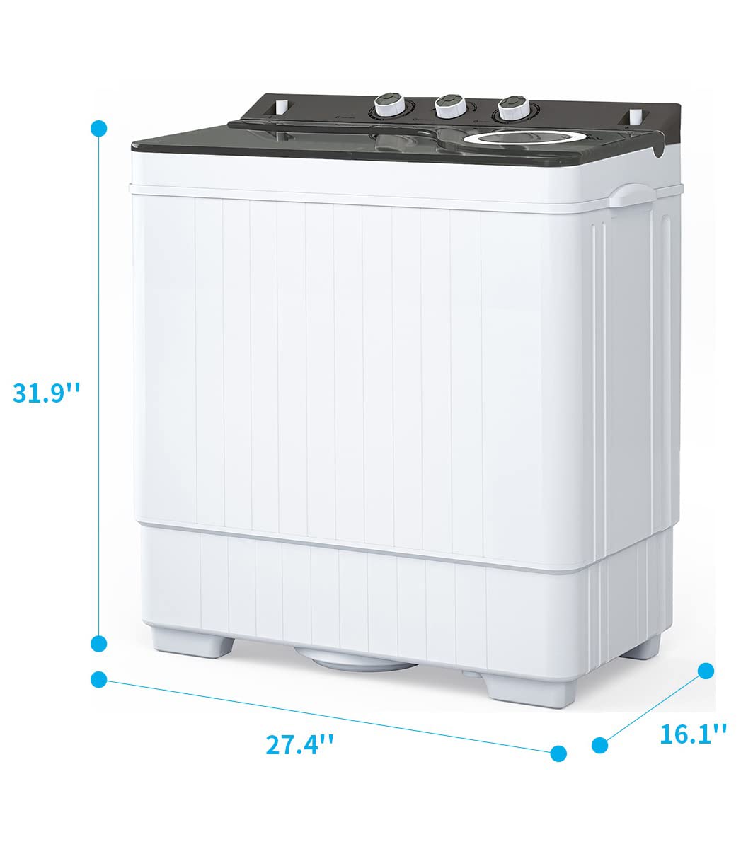 Portable Washing Machine, 26lbs Twin Tub Washer Mini Compact Laundry Machine with Drain Pump, Semi-automatic Twin Tube Washer for Apartment, Dorms, RVs, Camping and More (White & Grey)