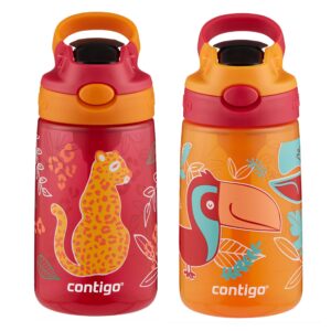 contigo aubrey kids cleanable water bottle with silicone straw and spill-proof lid, dishwasher safe, 14oz 2-pack, cheetah & toucans