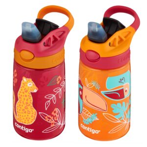 Contigo Aubrey Kids Cleanable Water Bottle with Silicone Straw and Spill-Proof Lid, Dishwasher Safe, 14oz 2-Pack, Cheetah & Toucans