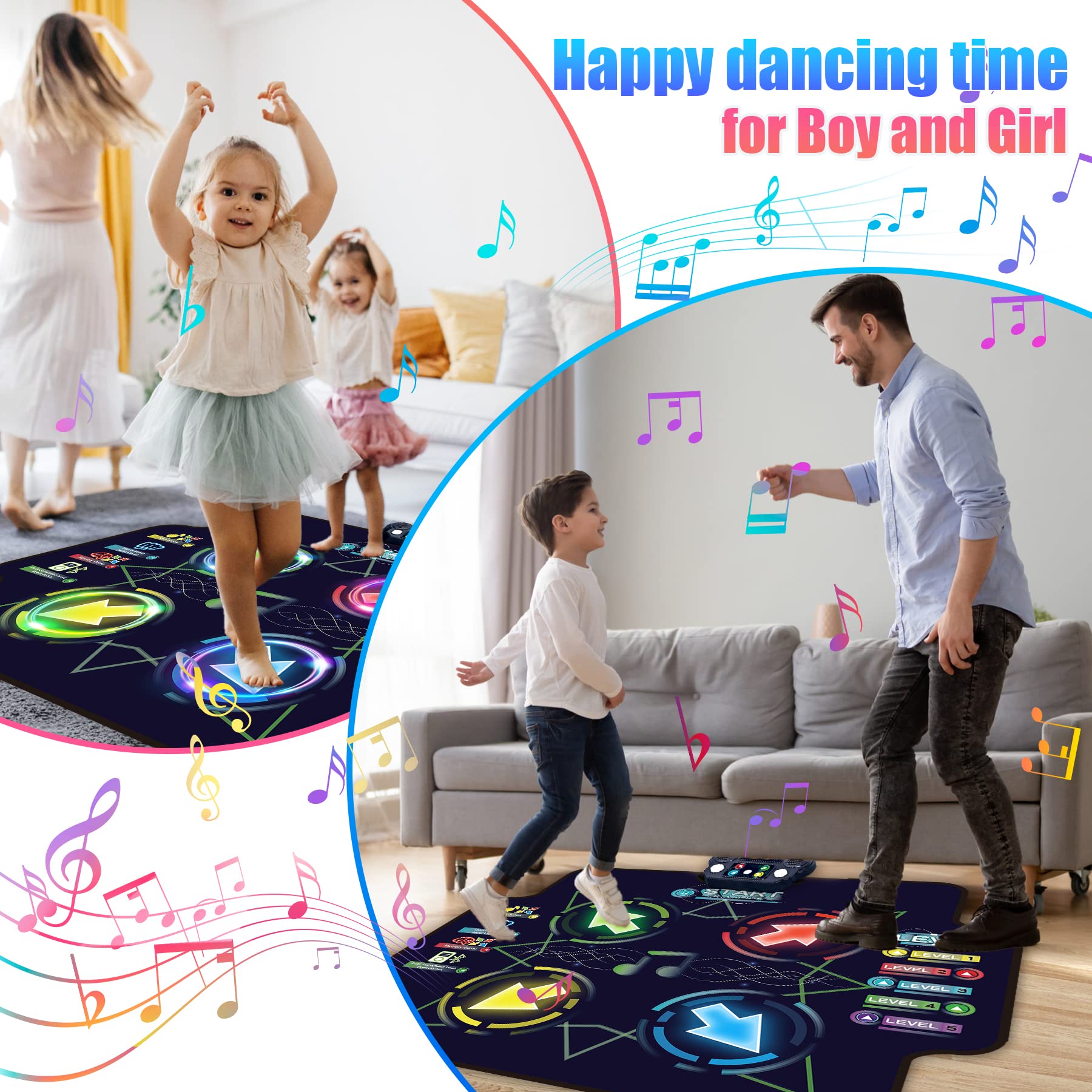 JOLLY FUN Dance Mat for Kids - Electronic Dance Mats with Wireless Bluetooth for 3-12 Year Old Kids, Lights Up Dance Pad with Built-in Music 5 Levels 4 Mode, Gifts for Children