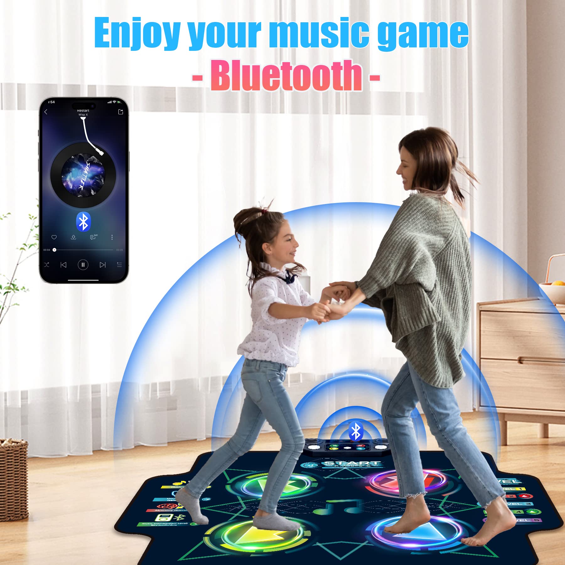 JOLLY FUN Dance Mat for Kids - Electronic Dance Mats with Wireless Bluetooth for 3-12 Year Old Kids, Lights Up Dance Pad with Built-in Music 5 Levels 4 Mode, Gifts for Children