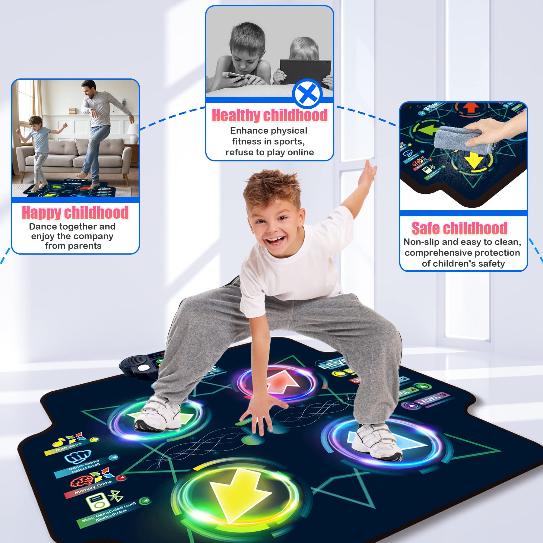 JOLLY FUN Dance Mat for Kids - Electronic Dance Mats with Wireless Bluetooth for 3-12 Year Old Kids, Lights Up Dance Pad with Built-in Music 5 Levels 4 Mode, Gifts for Children