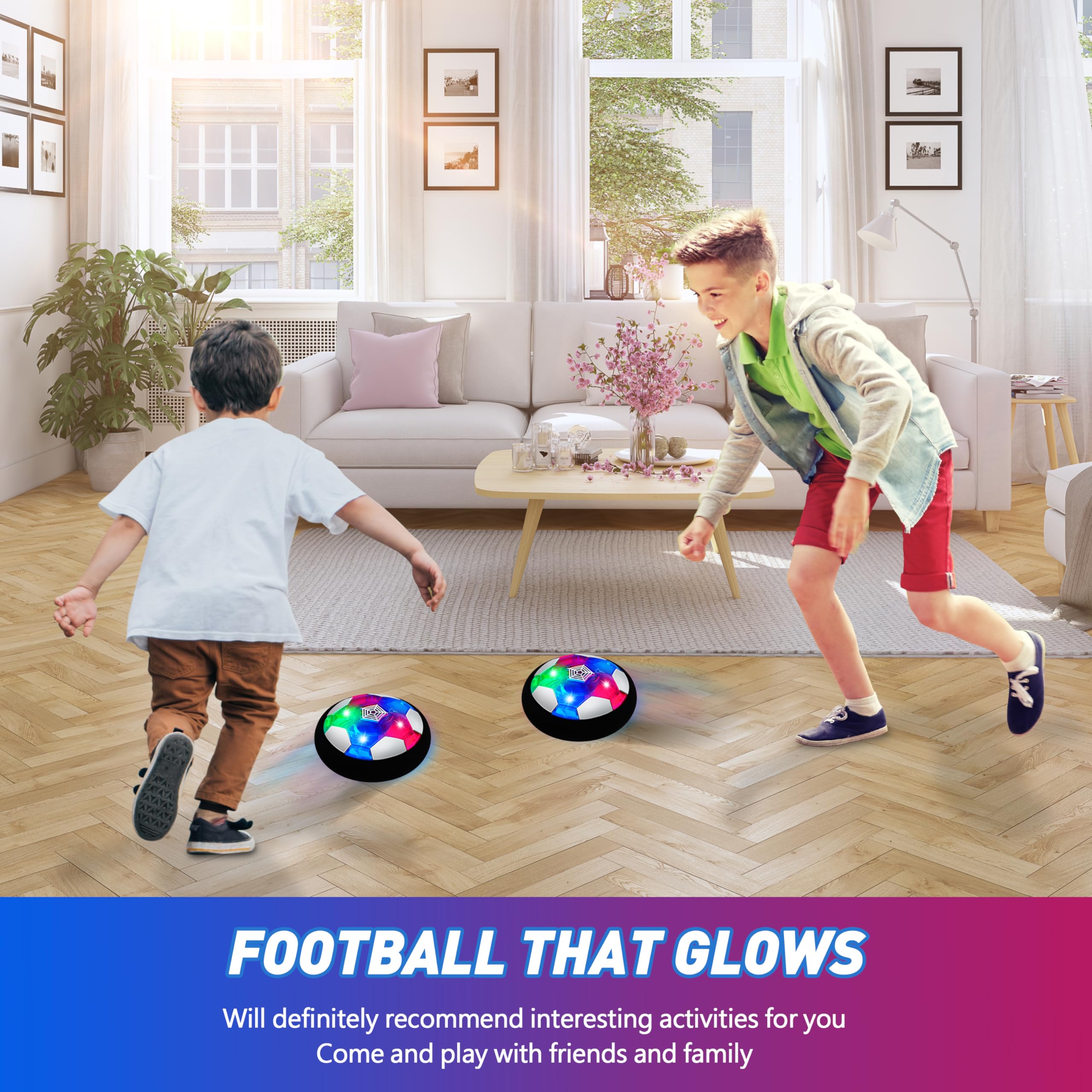 KKONES Kids Toys Hover Soccer Ball (Set of 2), Battery Operated Air Floating Soccer Ball with LED Light and Soft Foam Bumper for Indoor Outdoor Game, Gifts for Age 3 4 5 6 7 8-16 Year Old Boys Girls