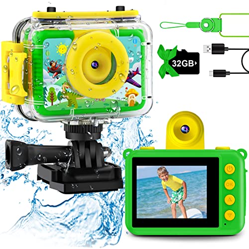 GKTZ Kids Waterproof Camera - Underwater Camera Birthday Gifts for Girls Boys Children Digital Action Camera with 32GB SD Card, Pool Toys for Kids Age 4 5 6 7 8 10