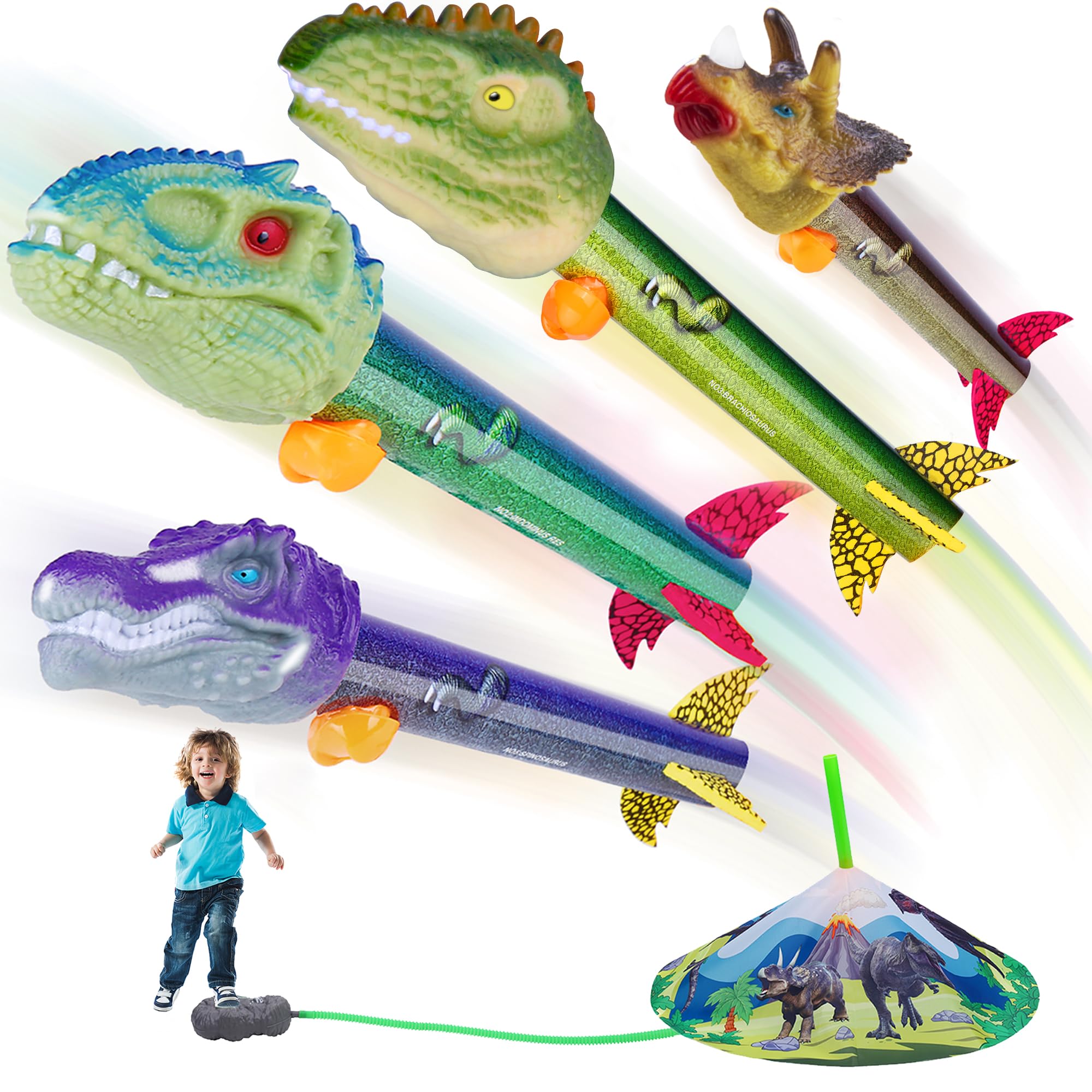 Gizzjoy Dinosaur Toy Rocket Launcher for Kids - Launch Up to 100 Ft, 4 Rockets, Outdoor Outside Toys for Kids, Dinosaur Toys, Birthday Gifts for 3 4 5 6 7 8-12 Year Old Boys Girls