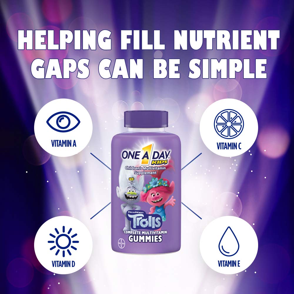 One A Day Kids Trolls Multivitamin Gummy, Kids Vitamins with Vitamins A, B6, B12, C, D, E, Zinc, Folic Acid and Biotin (Packaging May Vary), Trolls, 180 Count