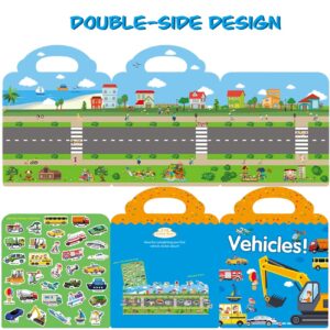 Reusable Sticker Book for Kids, Vehicles Truck Stickers Educational Learning Toys Travel Stickers Activity Books for Toddler Girls Boys Age 3+ Birthday Gifts