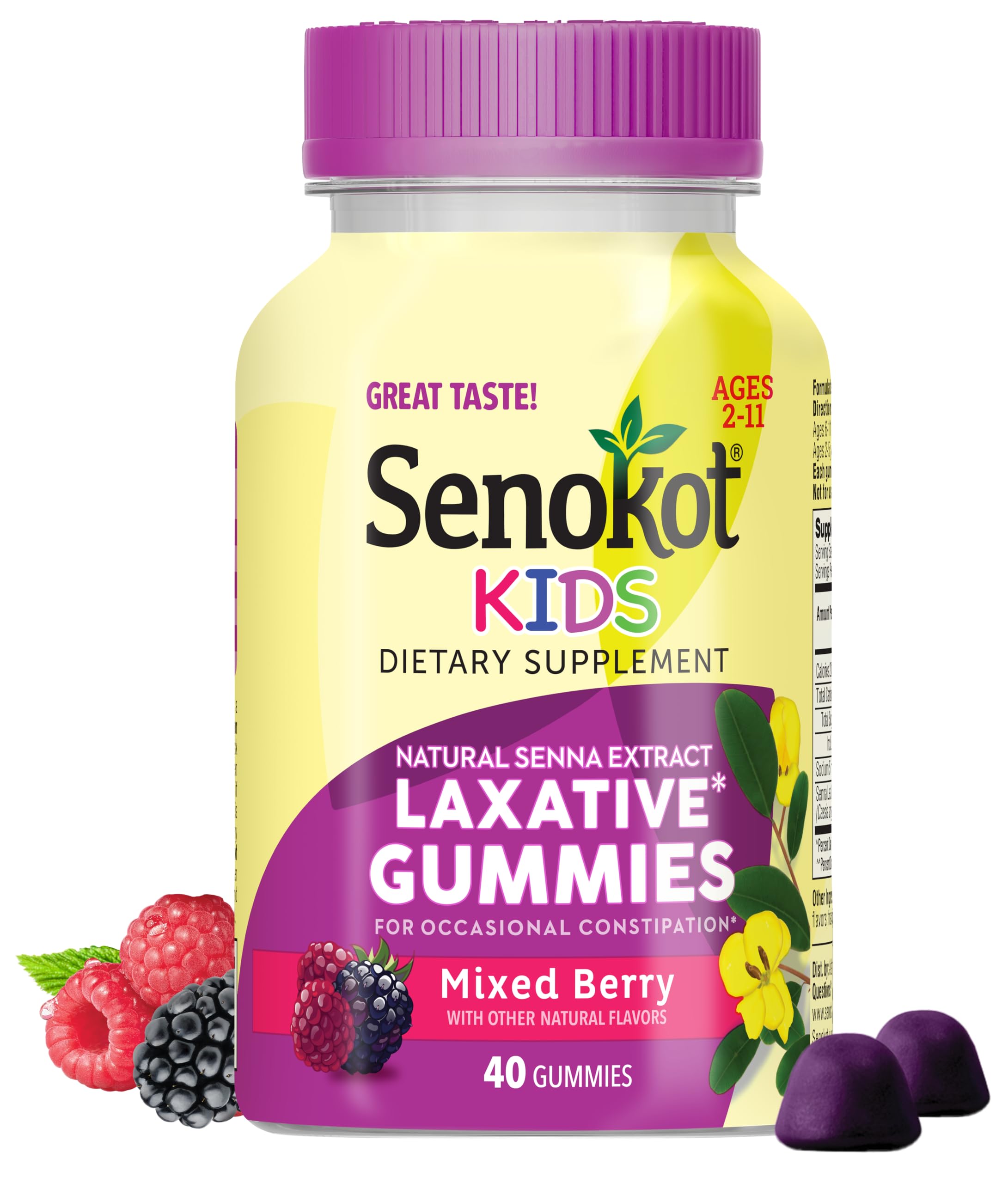 Senokot Kids Mixed Berry Laxative Gummies for Age 2+, Senna Extract for Gentle, Overnight Relief from Occasional Constipation, 40 ct