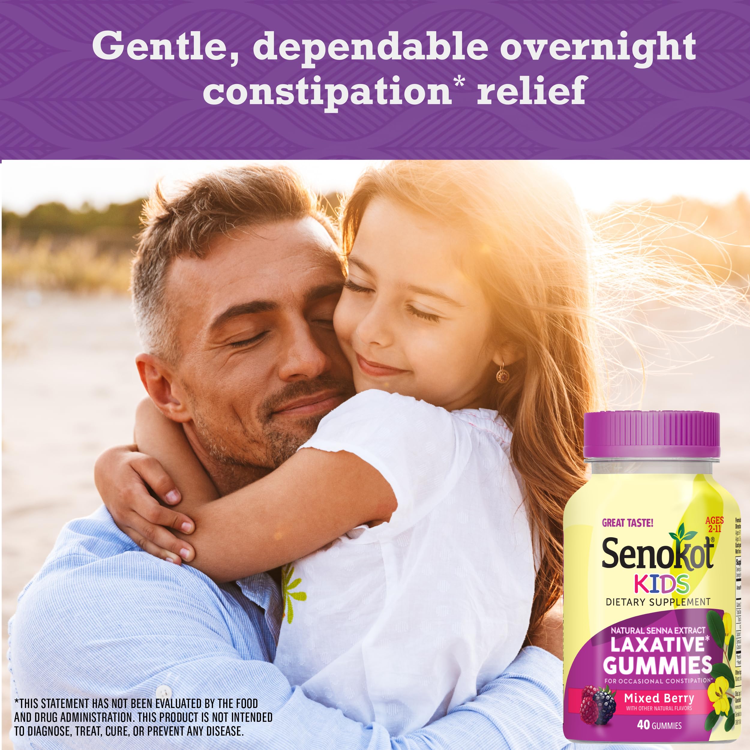 Senokot Kids Mixed Berry Laxative Gummies for Age 2+, Senna Extract for Gentle, Overnight Relief from Occasional Constipation, 40 ct